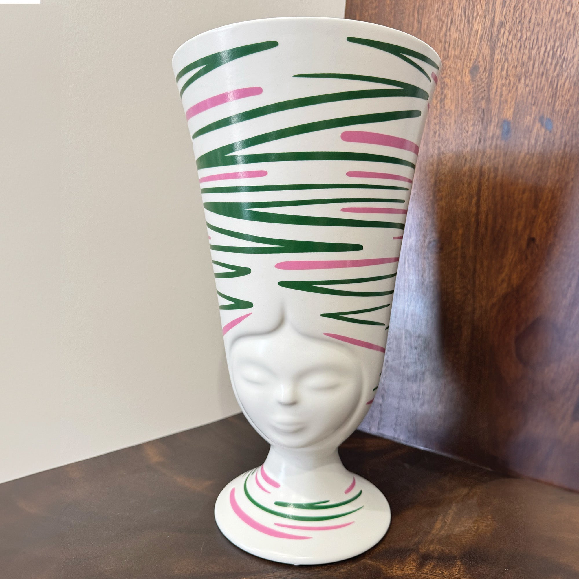 Sister Sofia California Vase in Matte White with Green and Pink Graphics