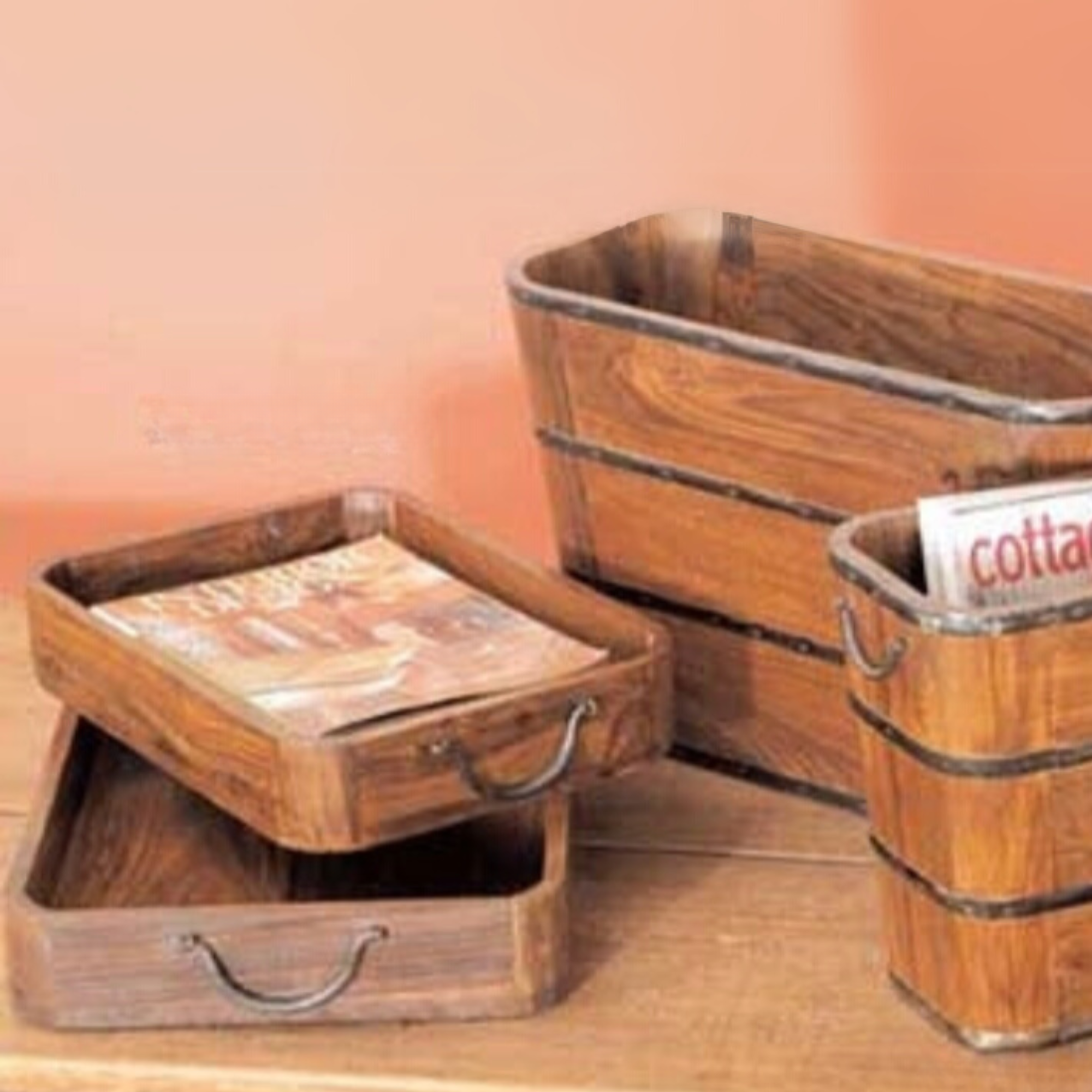 Wood and Iron Trays - Set of 2