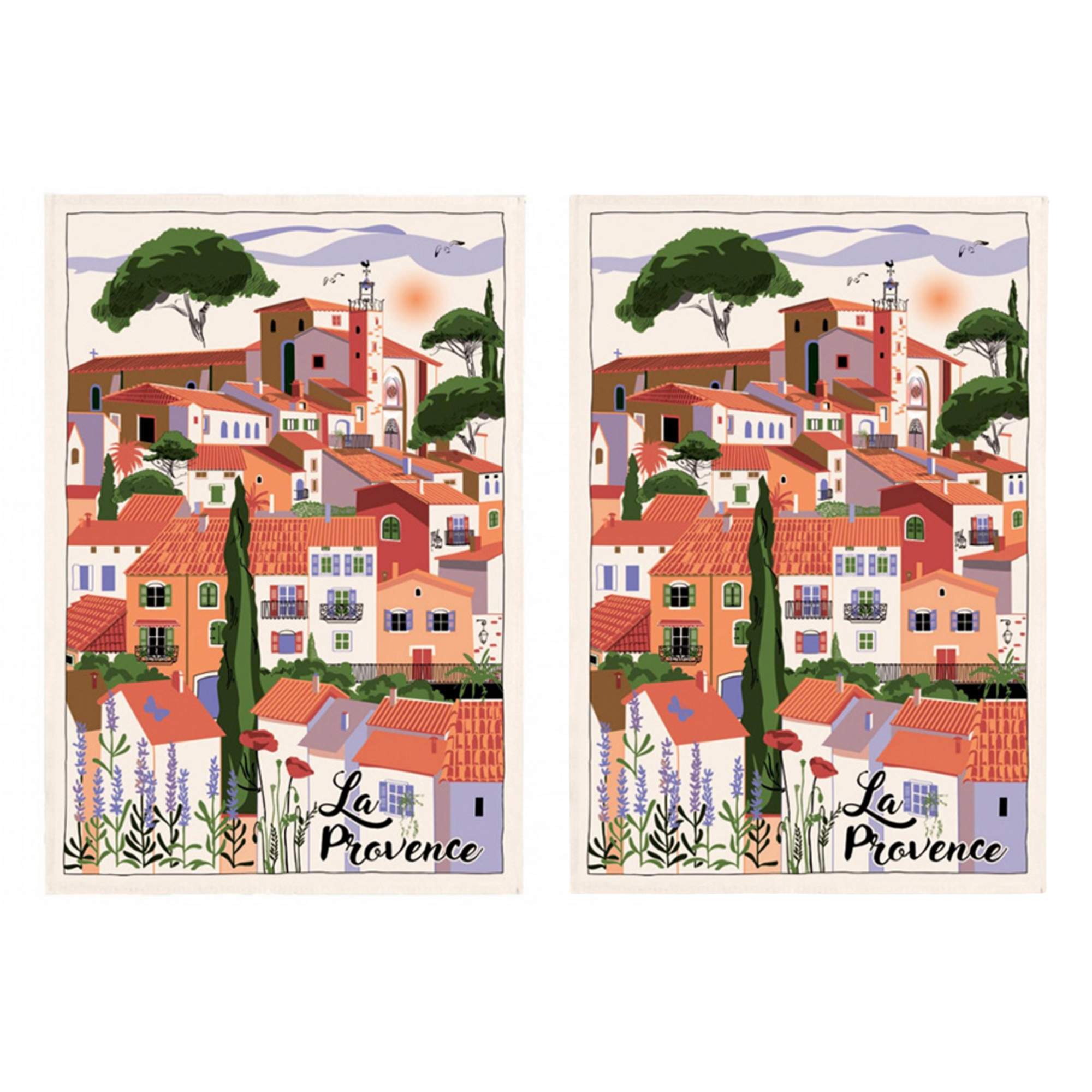 Torchons & Bouchons Tea Towel Provence Village - Set of 2
