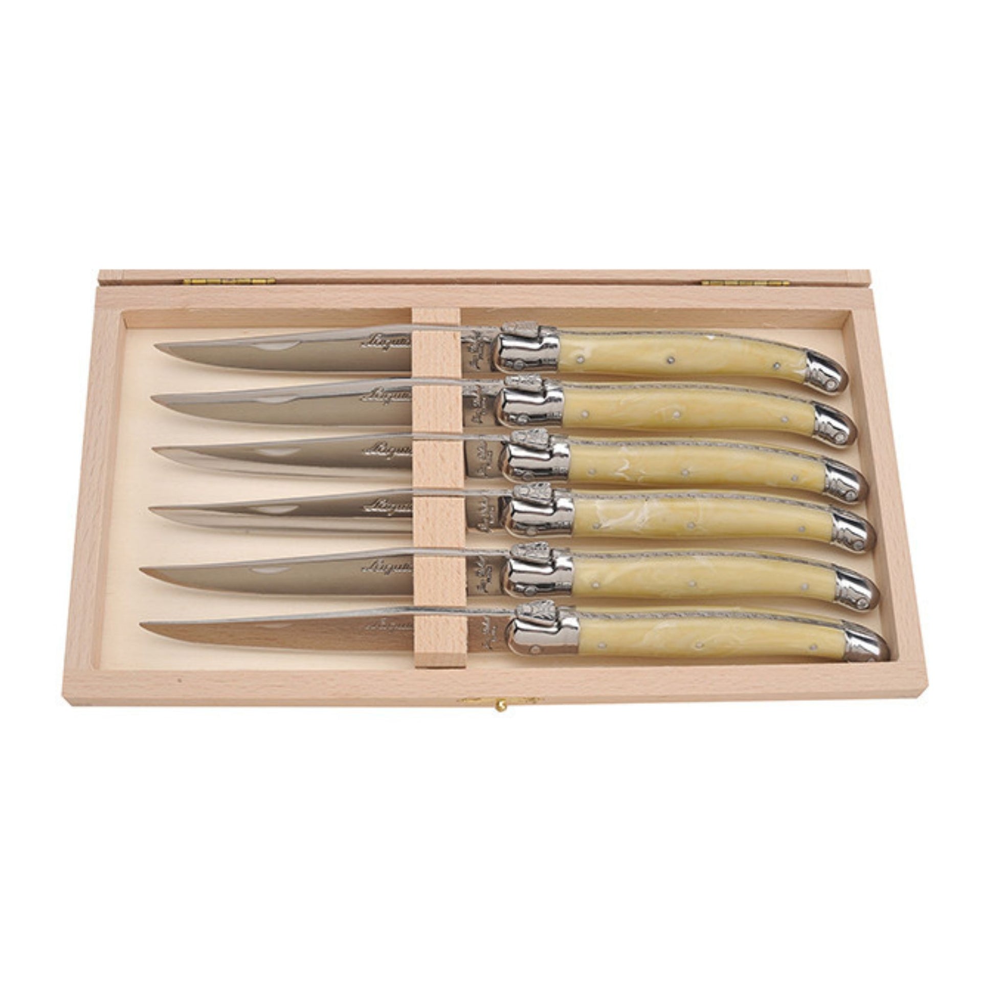 Laguiole by Jean Dubost 6 Steak Knives with Light Horn Handles in a Box
