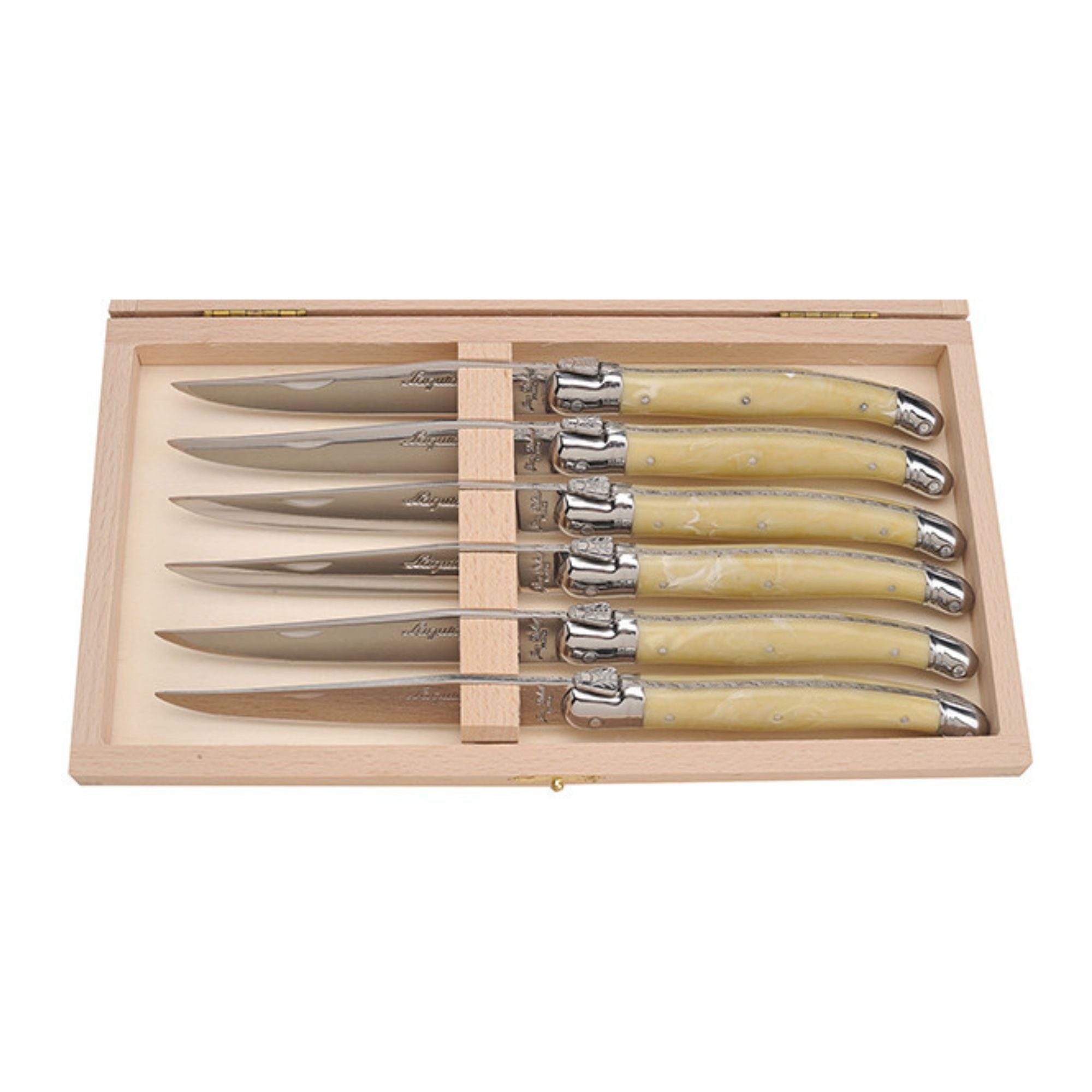 Laguiole by Jean Dubost 6 Steak Knives with Light Horn Handles in a Box
