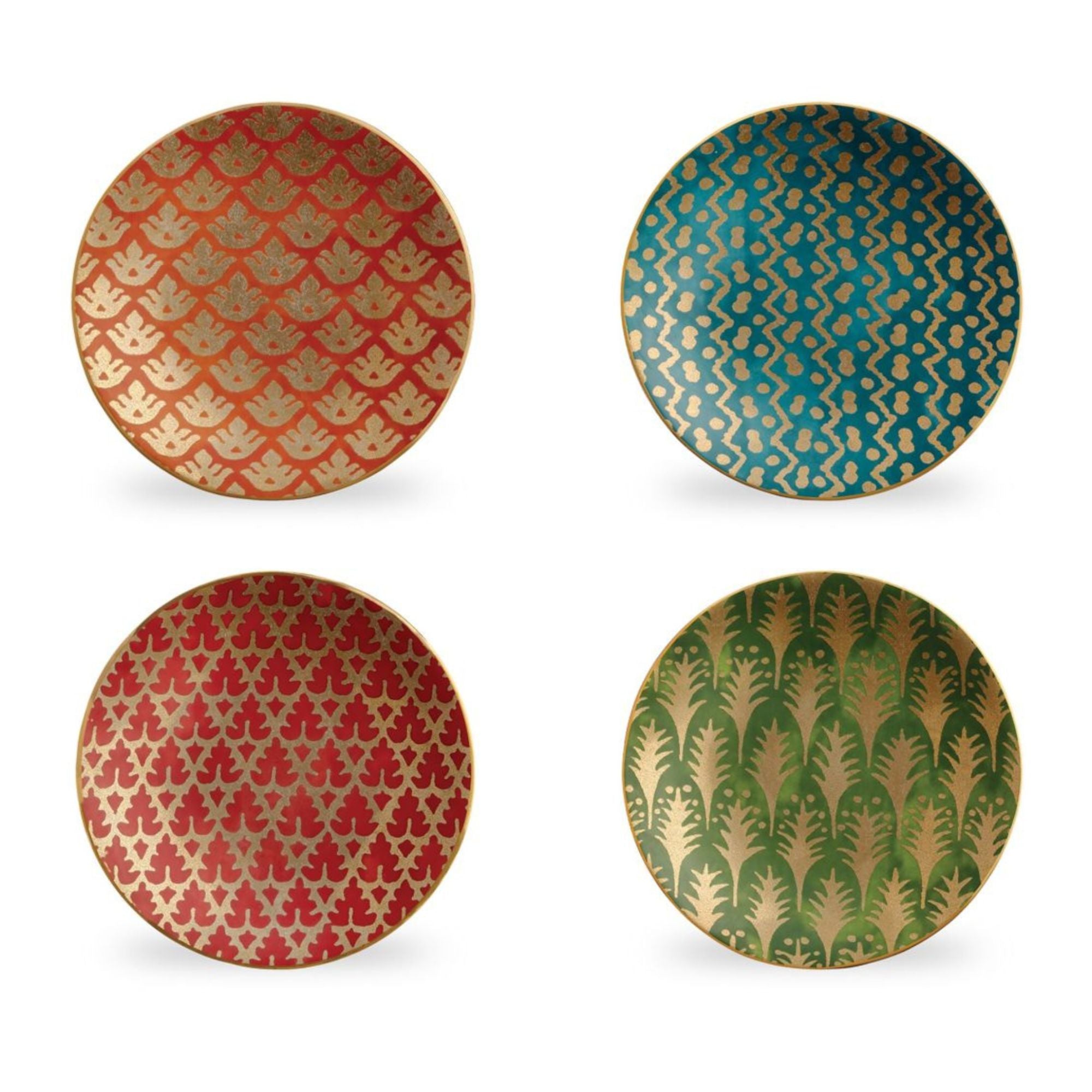 Fortuny Assorted Canape Plates - Set of 4 : 1 Green, 1 Teal, 1 Gold, 1 Red