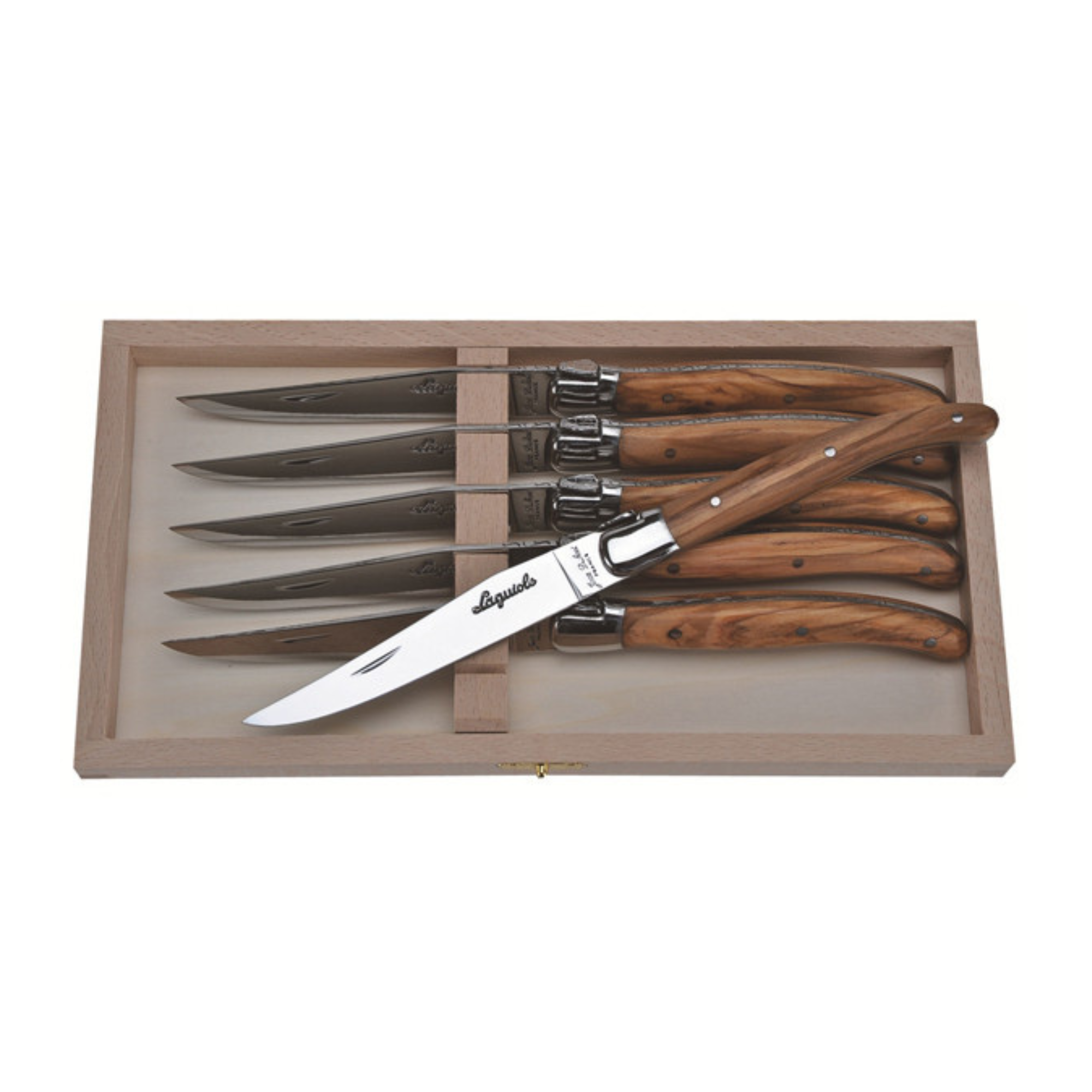 Jean Dubost 6 Steak Knives Olive Wood in Box