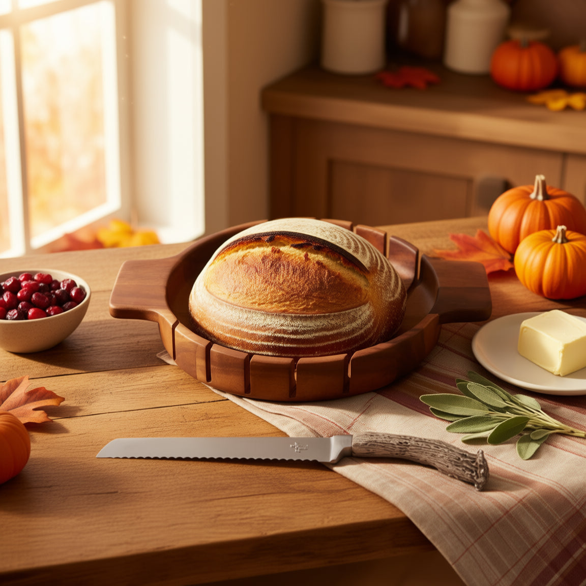 Round Bread Board With Antler Knife