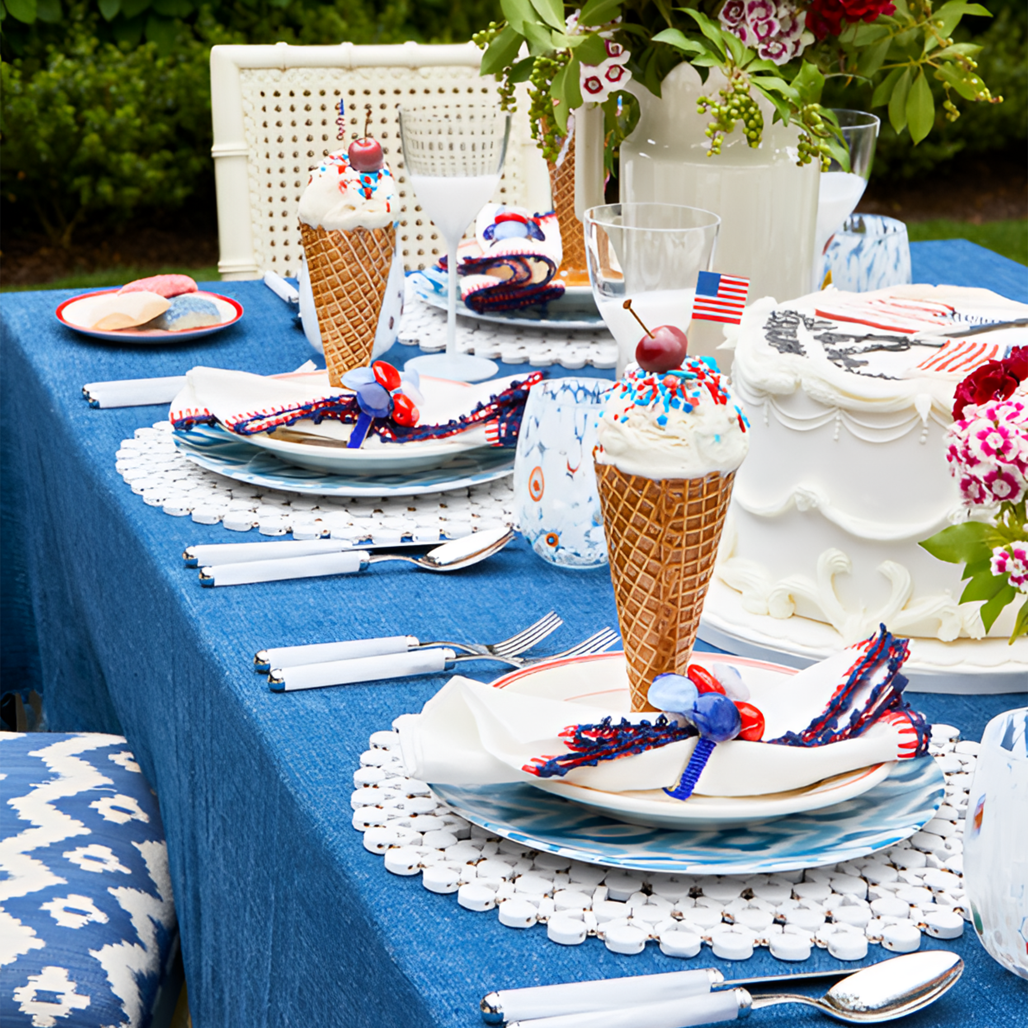 Knotted Edge Napkin in White, Navy & Red - Set of 4