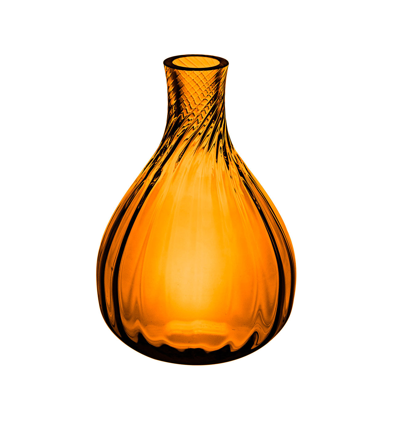 one glass bud vase in orange with a twisting glass design