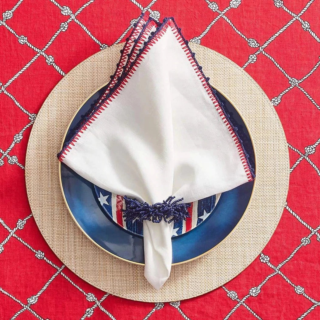 Knotted Edge Napkin in White, Navy & Red - Set of 4