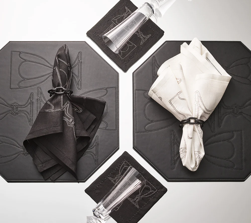 Harcourt Cocktail Napkin in Black & Gunmetal (Set of 6 in a Gift Box)