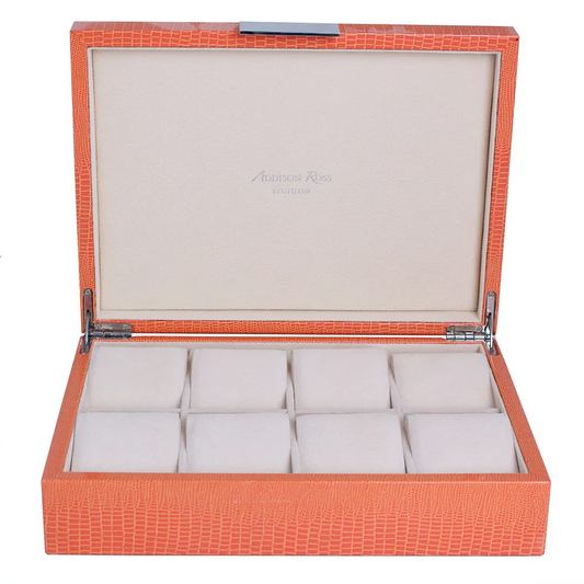 Orange Crocodile Watch Box: Silver Trim