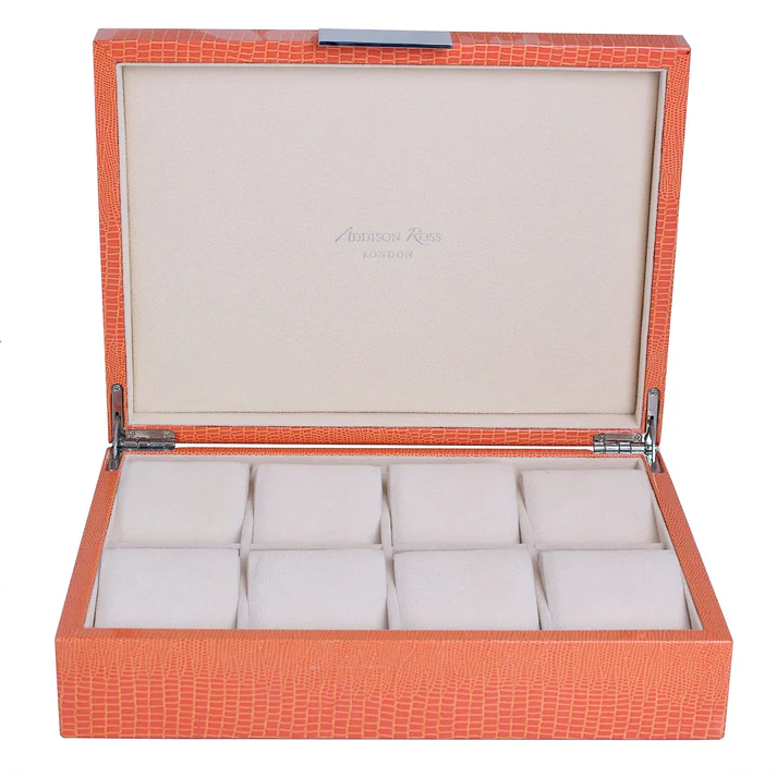 Orange Crocodile Watch Box: Silver Trim