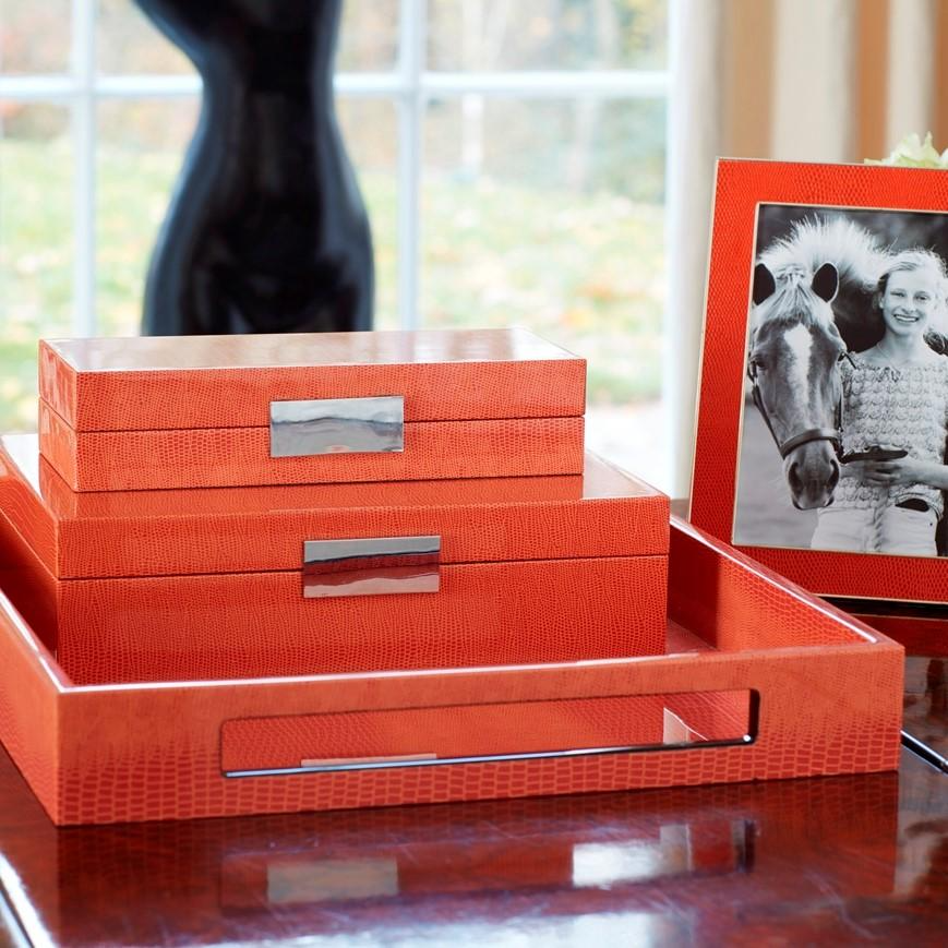 Orange Crocodile Watch Box: Silver Trim