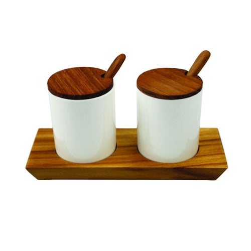 Ceramic Mini Cellars with Teak Tray