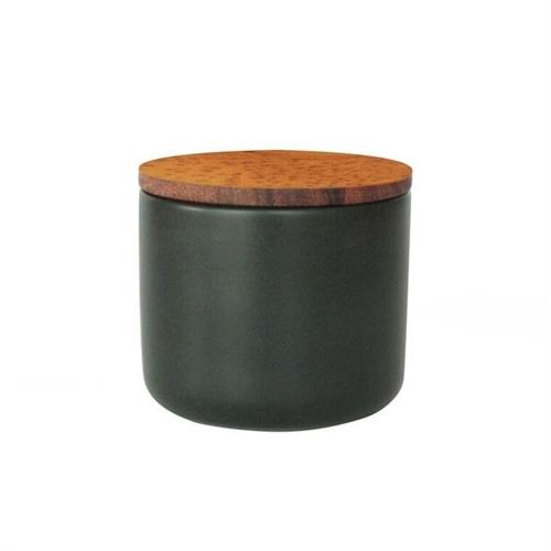 Black Stoneware Container with Acacia Lid Medium