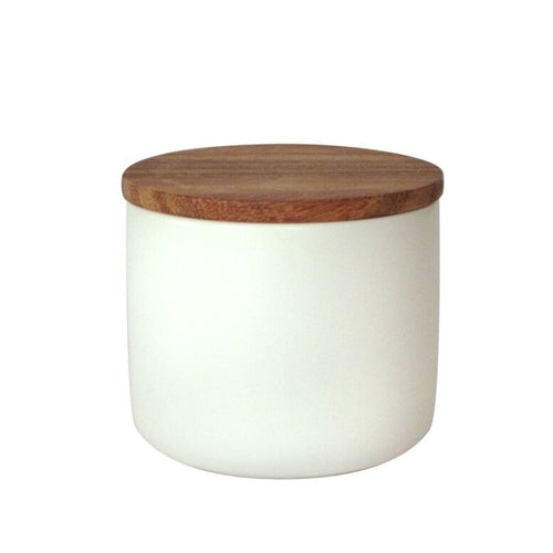 White Stoneware Container with Acacia Lid