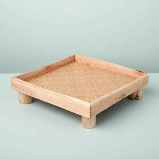 Blonde Reclaimed Wood & Woven Seagrass Square Footed Tray