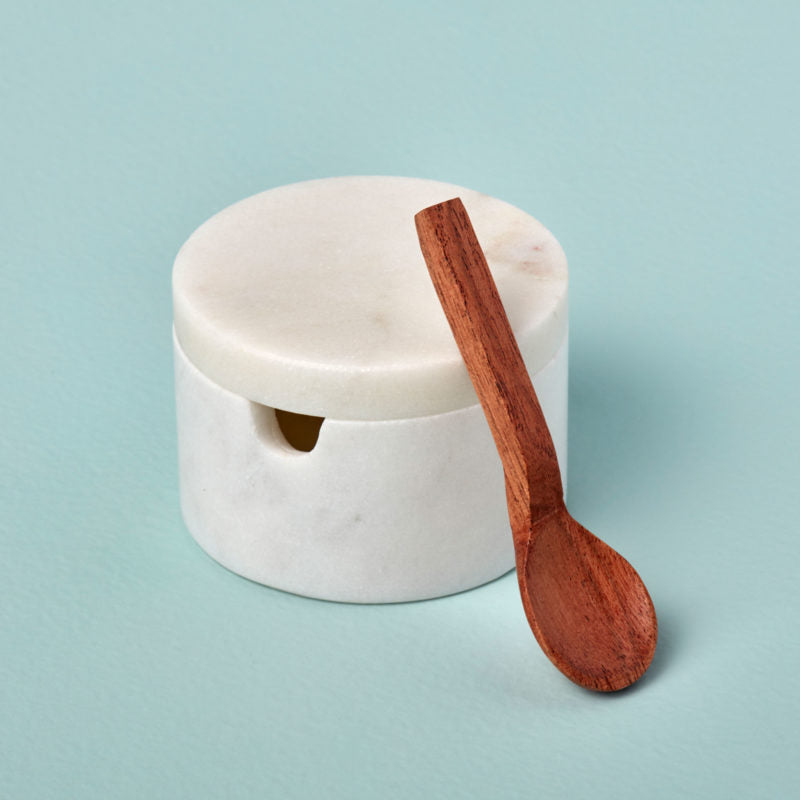 White Marble Lidded Cellar with Wood Spoon (Set of 2)