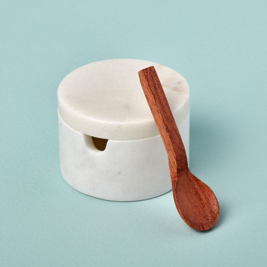 White Marble Lidded Cellar with Wood Spoon (Set of 2)