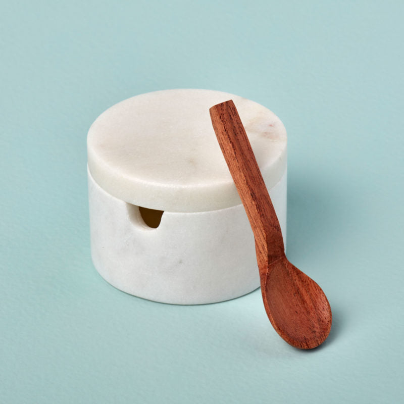 White Marble Lidded Cellar with Wood Spoon - Set of 2