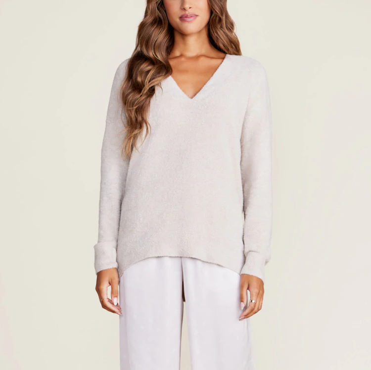 Barefoot Dreams CozyChic Lite V Neck Seamed Pullover Stone Xs