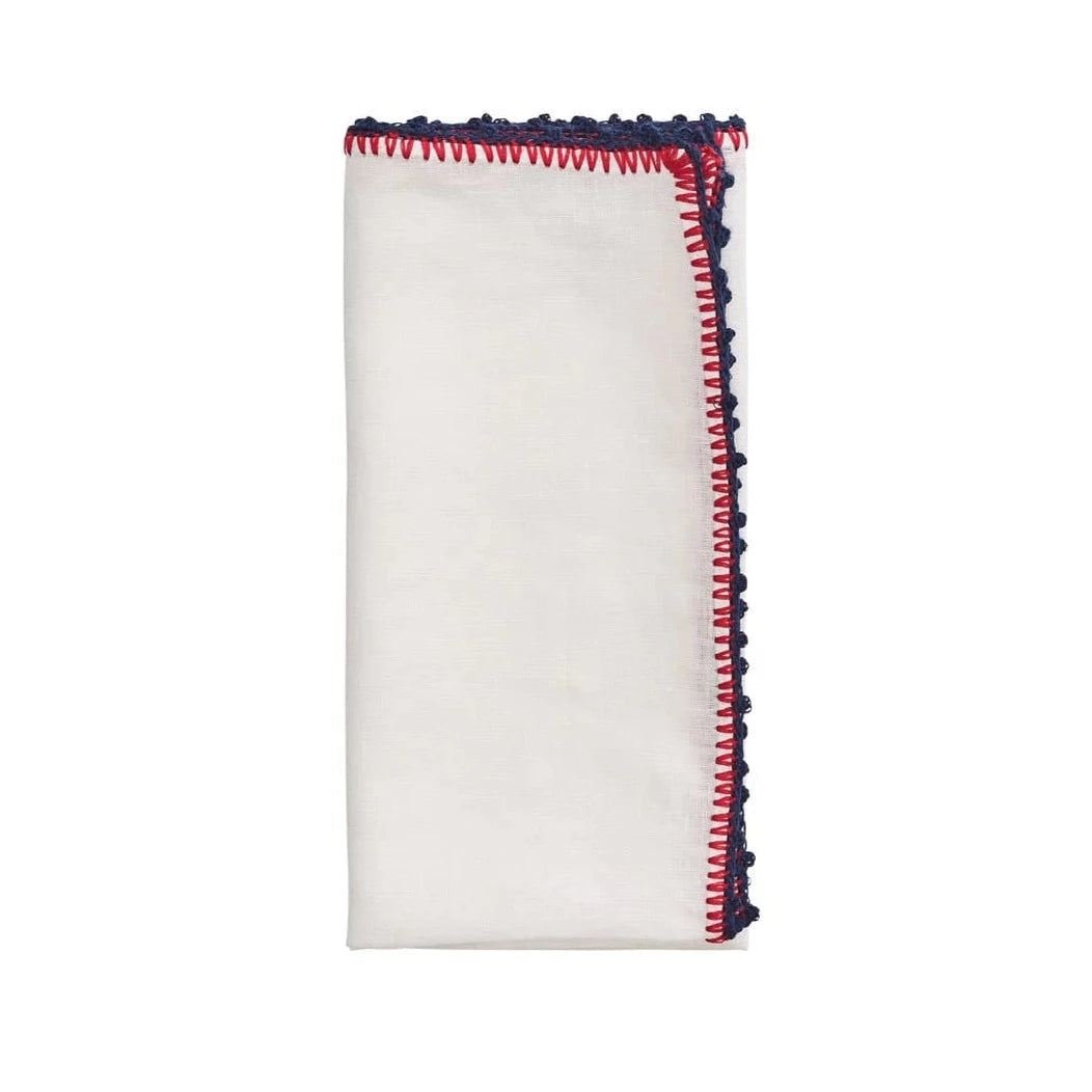 Knotted Edge Napkin in White, Navy & Red - Set of 4