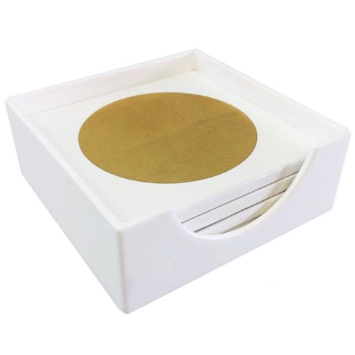 White & Gold Circle Wood Coaster Set