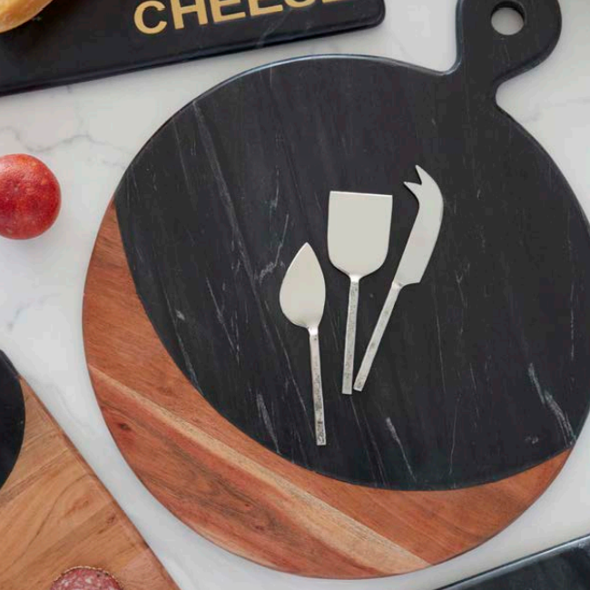 Marine Black Marble & Acacia Oversized Round Board with Handle