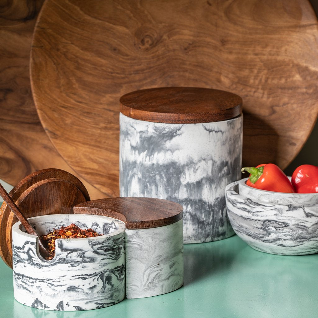 Marbled Cement & Acacia Canister - Black