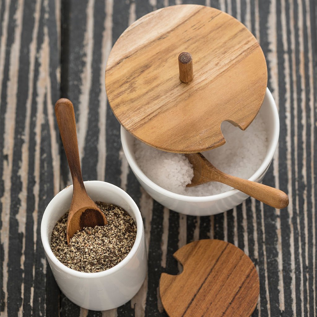 Ceramic Mini Cellar with Teak Lid & Spoon