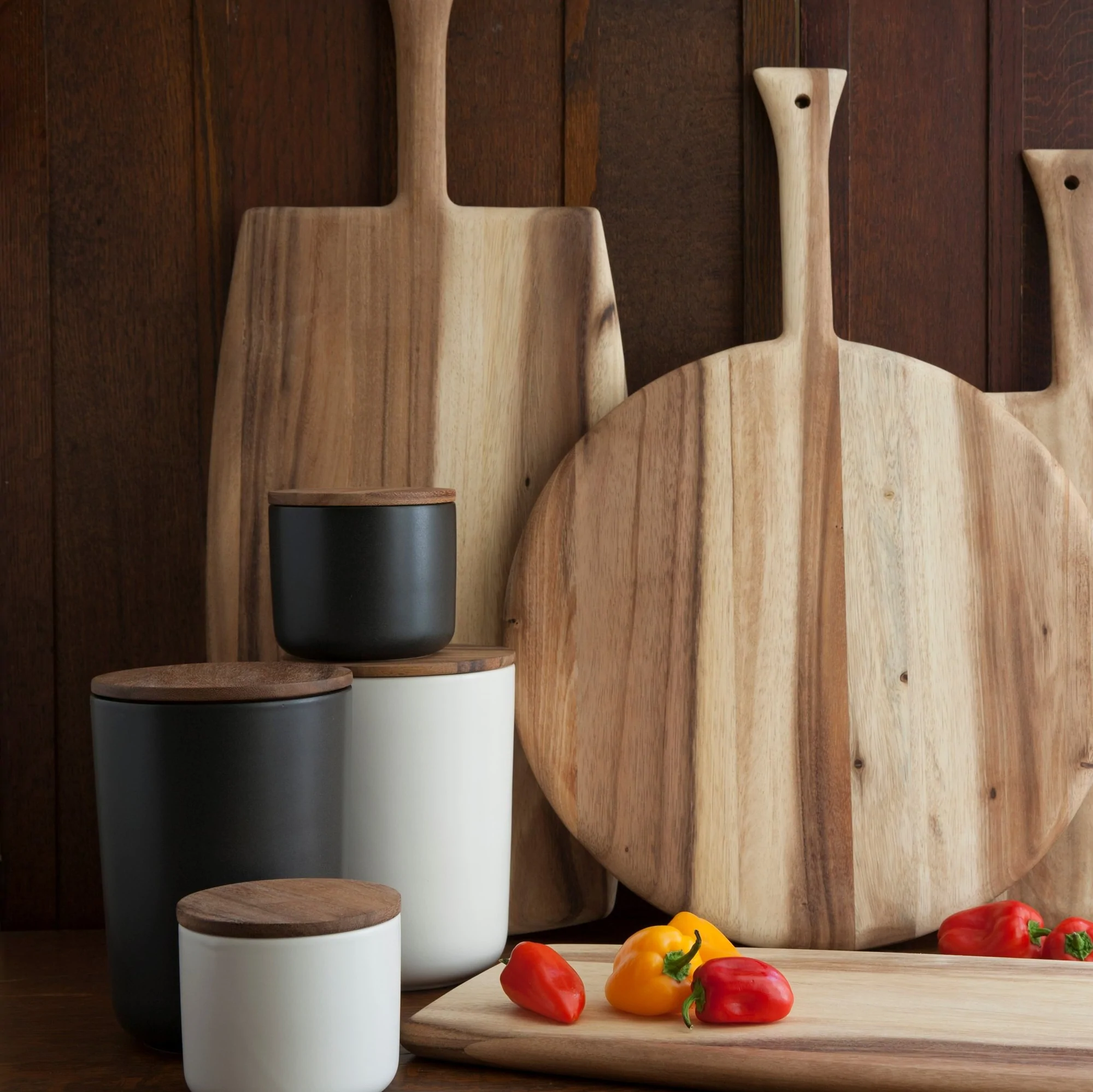 White Stoneware Container with Acacia Lid