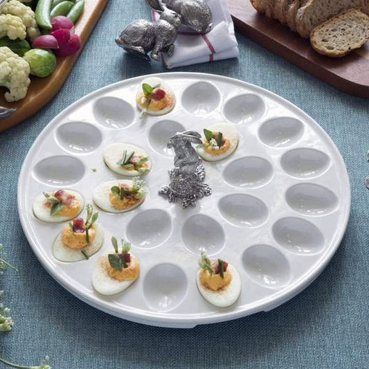 Vagabond House Deviled Egg Tray With Pewter Standing Rabbit
